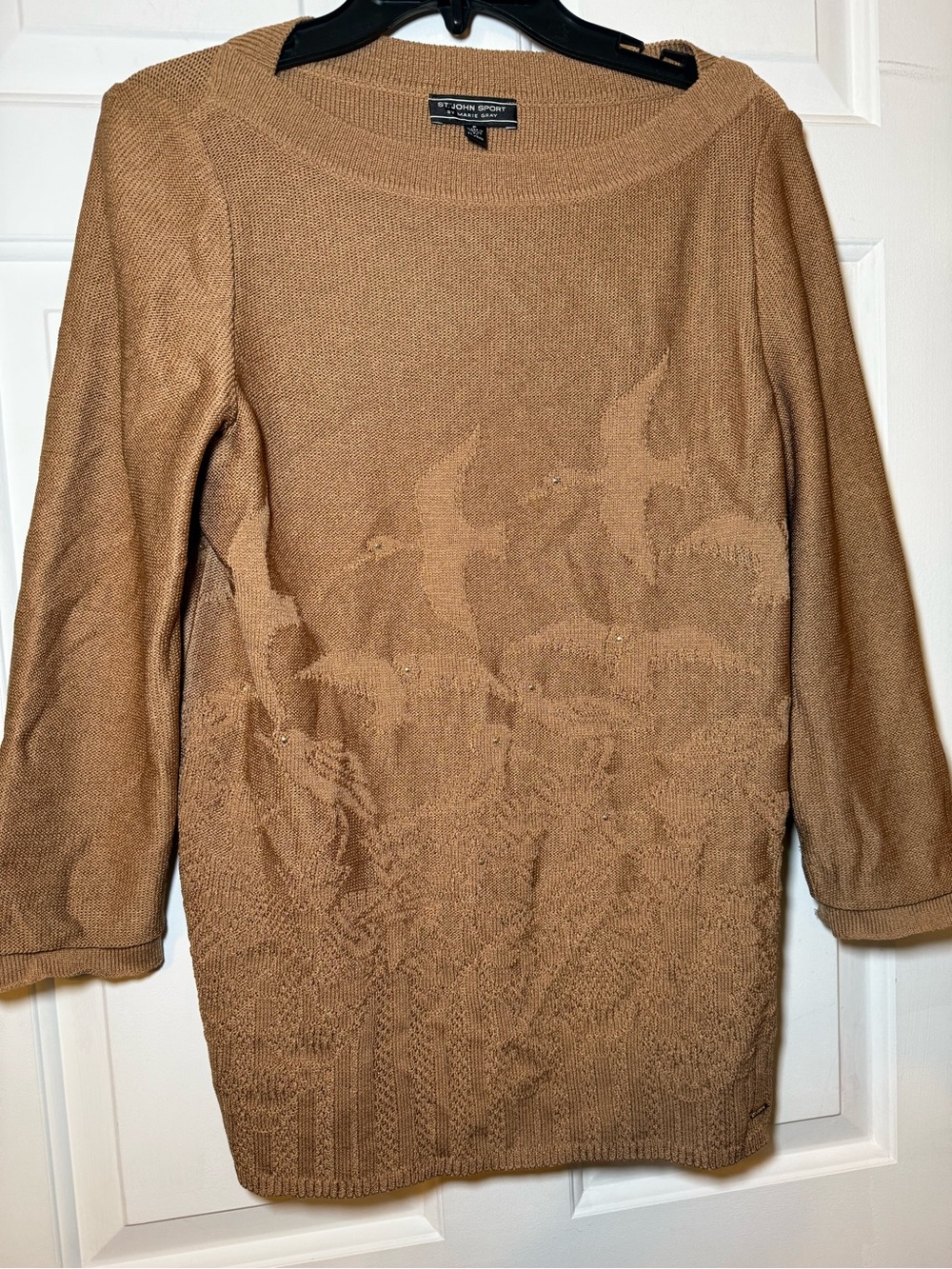 St John Sport Tan Jacquard Knit Sweater Small Flying Birds Beads Wool Blend Euc